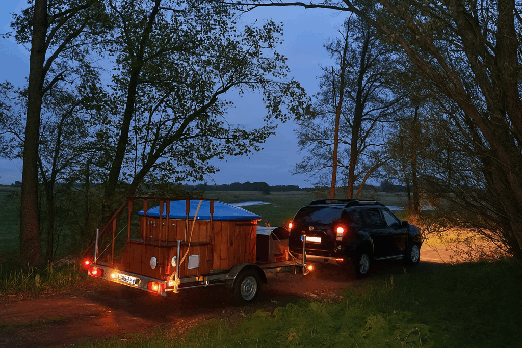 Balia mobilna na przyczepie z samochodem terenowym podczas transportu w plenerze o zmierzchu.